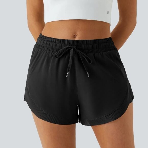 NWT Halara Black Mid Rise Drawstring Contrast Mesh 2-in-1 Flowy Running Shorts L - Picture 1 of 7